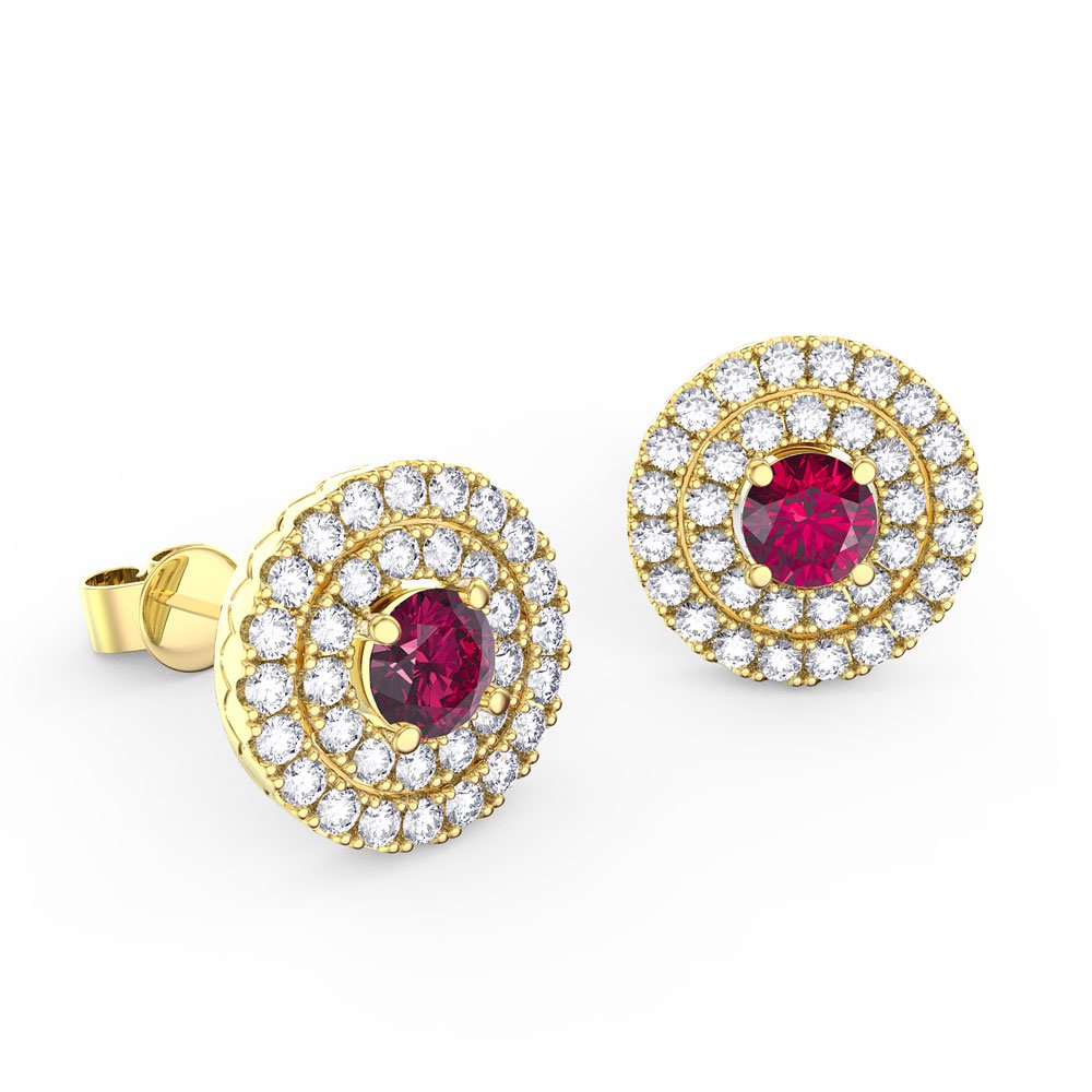Fusion Ruby and Diamond Halo 18K Yellow Gold Stud Earrings #1