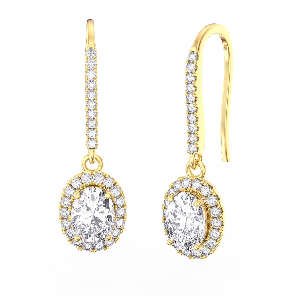 Eternity 1.5ct White Sapphire Oval Halo 10K Yellow Gold Pave Drop Earrings #1