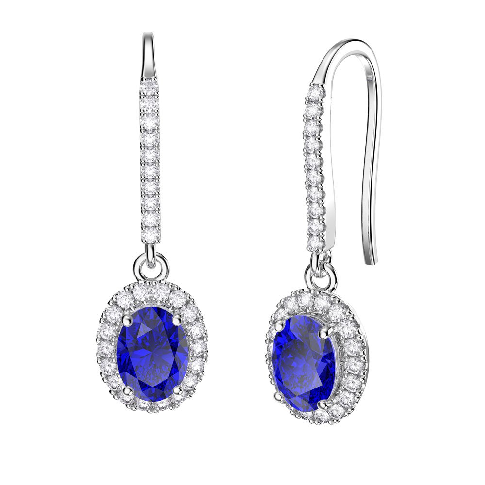 Eternity 1.5ct Sapphire Oval Halo 10K White Gold Pave Drop Earrings