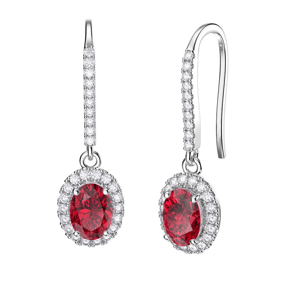 Eternity 1.5ct Ruby Oval Halo 10K White Gold Pave Drop Earrings