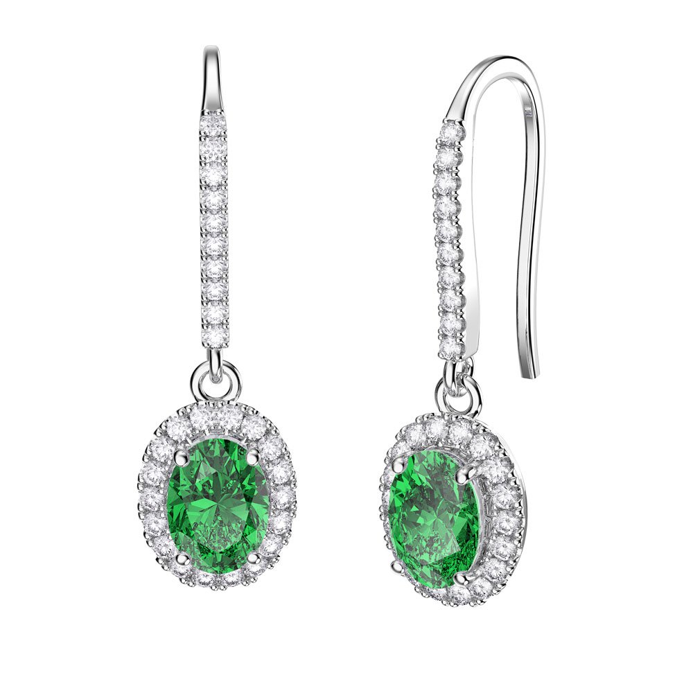 Eternity 1.5ct Emerald and Diamond Oval Halo 18K White Gold Pave Drop Earrings