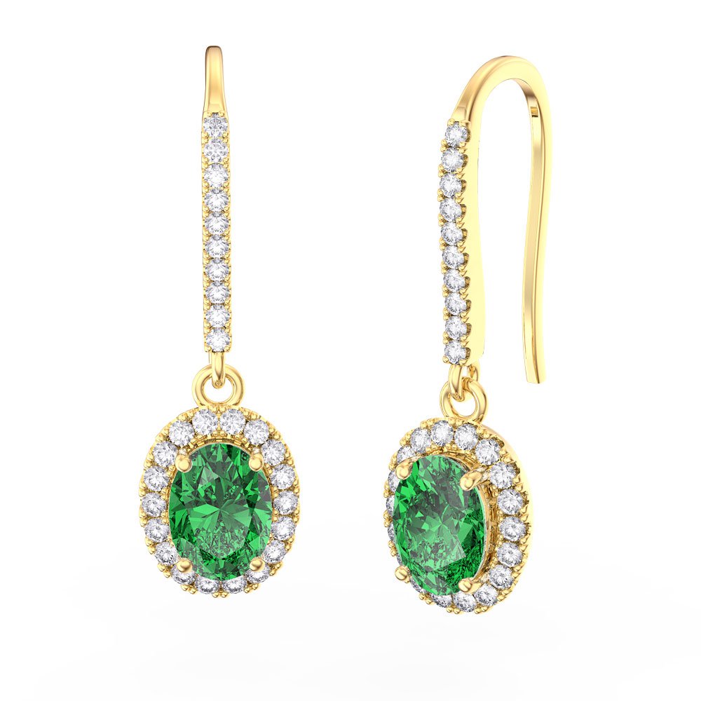 Eternity 1.5ct Emerald Oval Halo 10K Yellow Gold Pave Drop Earrings #1