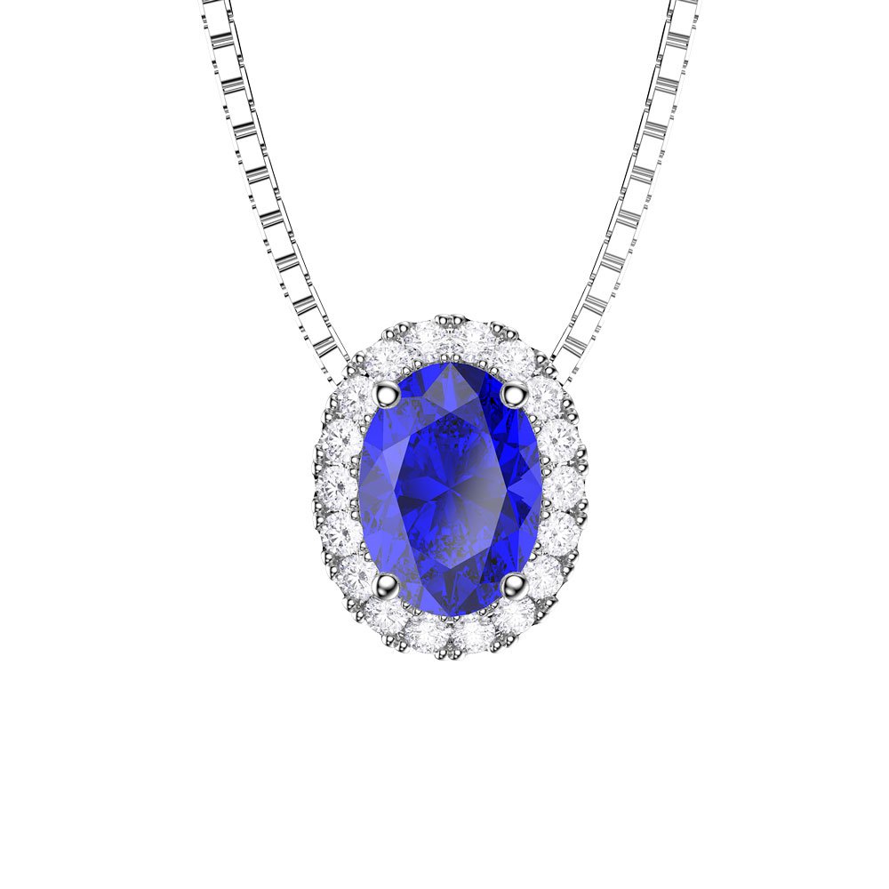 Eternity Blue Sapphire and Diamond Halo 18K White Gold Oval Pendant