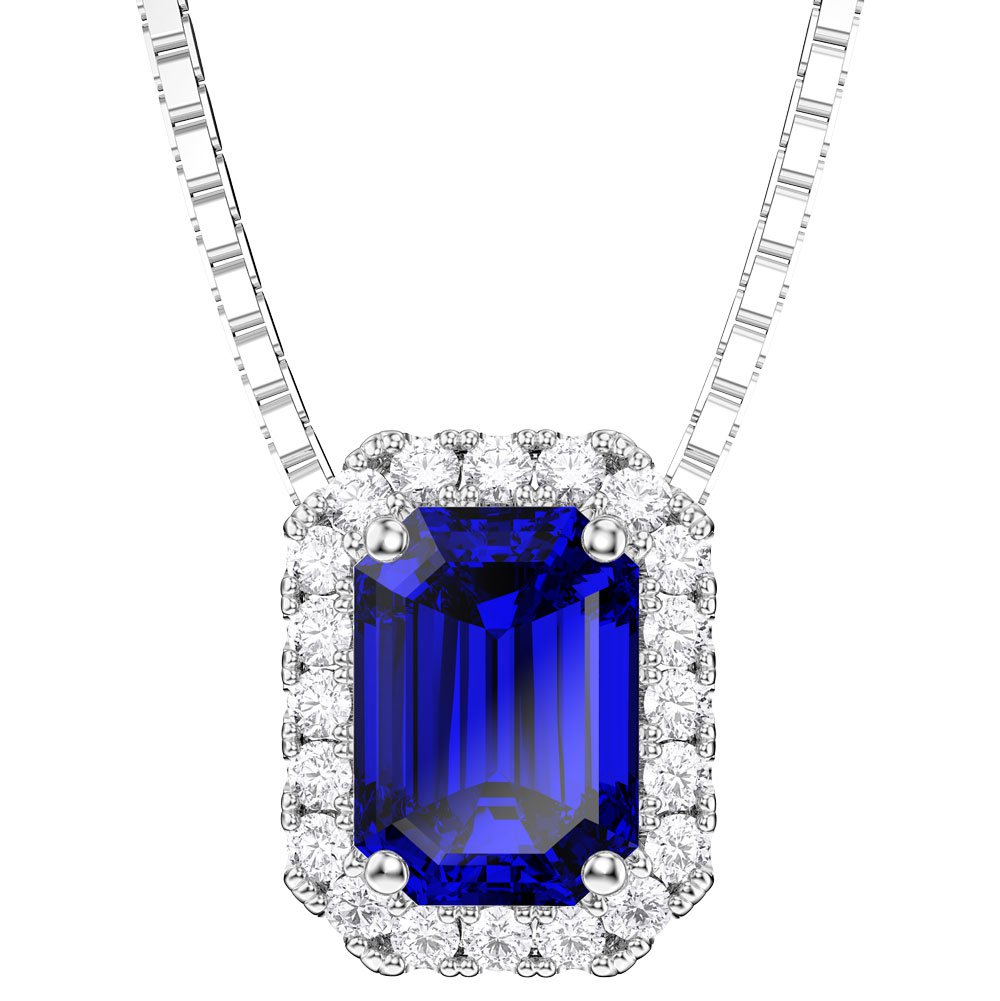 Princess 1ct Blue Sapphire and Diamond 18K White Gold Rectangle Pendant #1