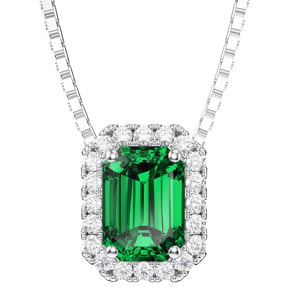 Princess 1ct Emerald and Diamond 18K White Gold Rectangle Pendant