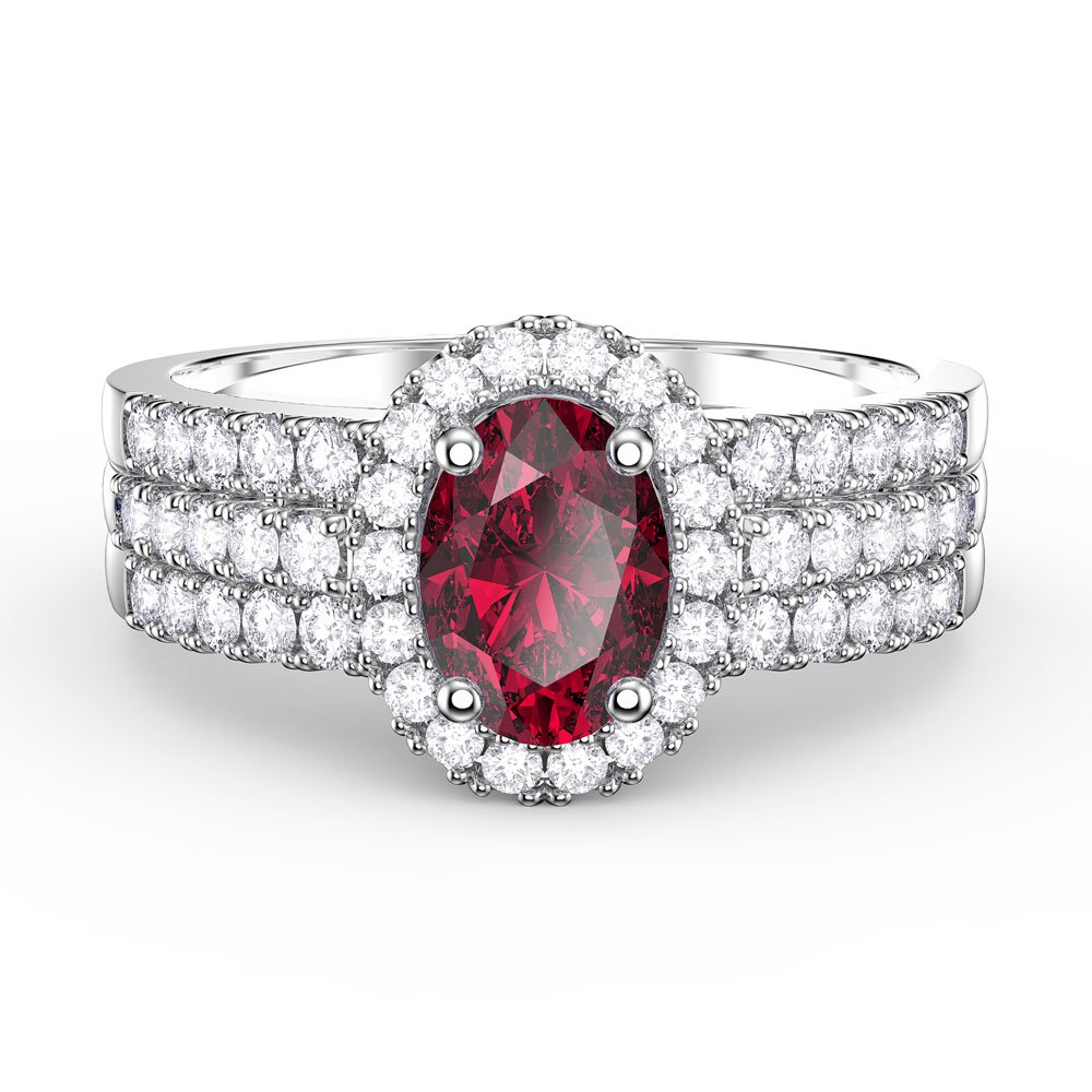 Eternity Ruby Oval Halo 10K White Gold Engagement Ring Set 2D:Jian ...