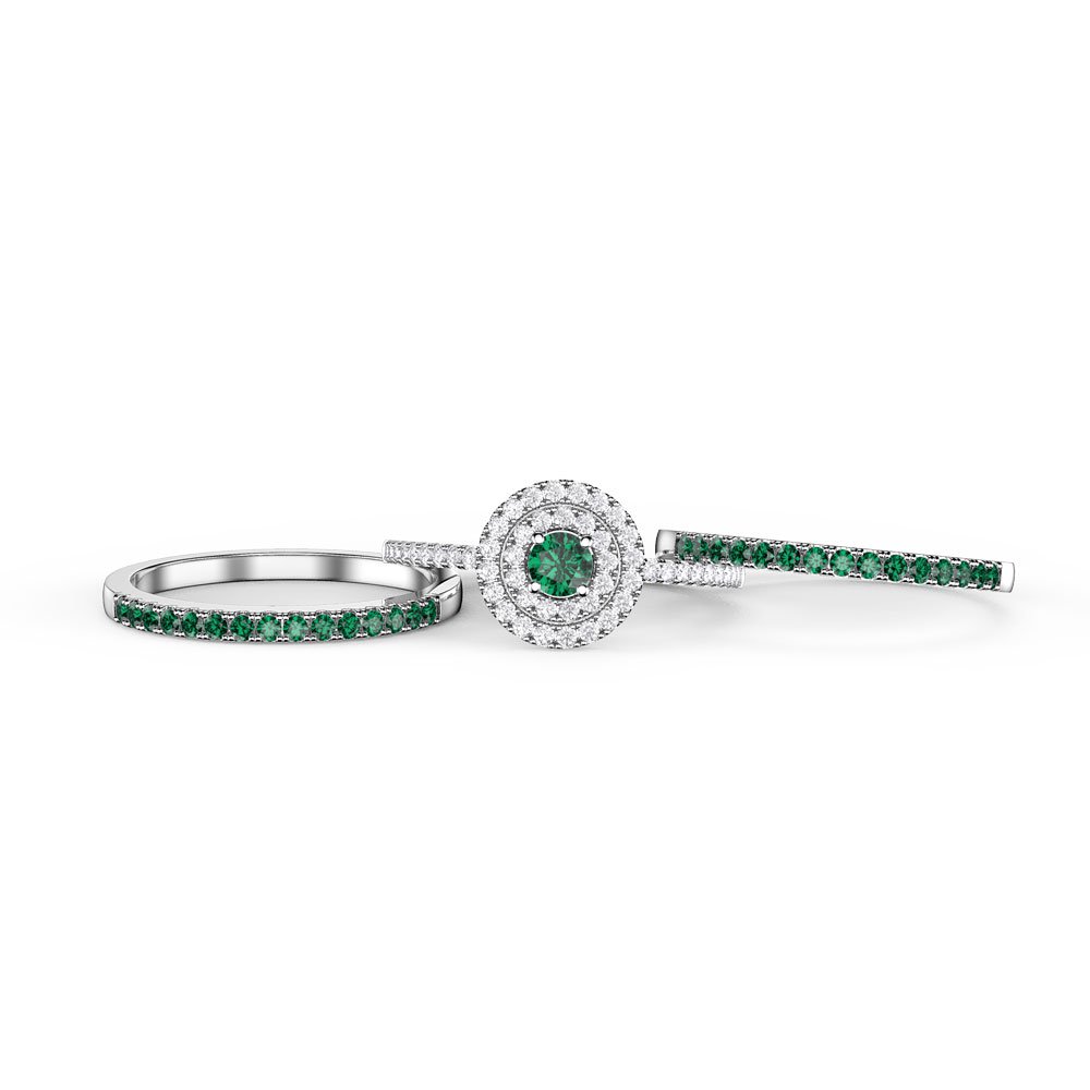 Fusion Emerald Halo Platinum plated Silver Emerald Eternity Promise Ring Set #2