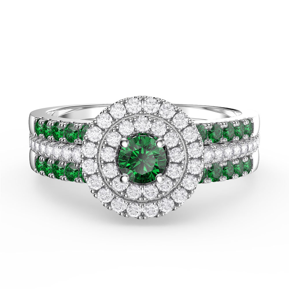 Fusion Emerald Halo Platinum plated Silver Emerald Eternity Promise Ring Set #1