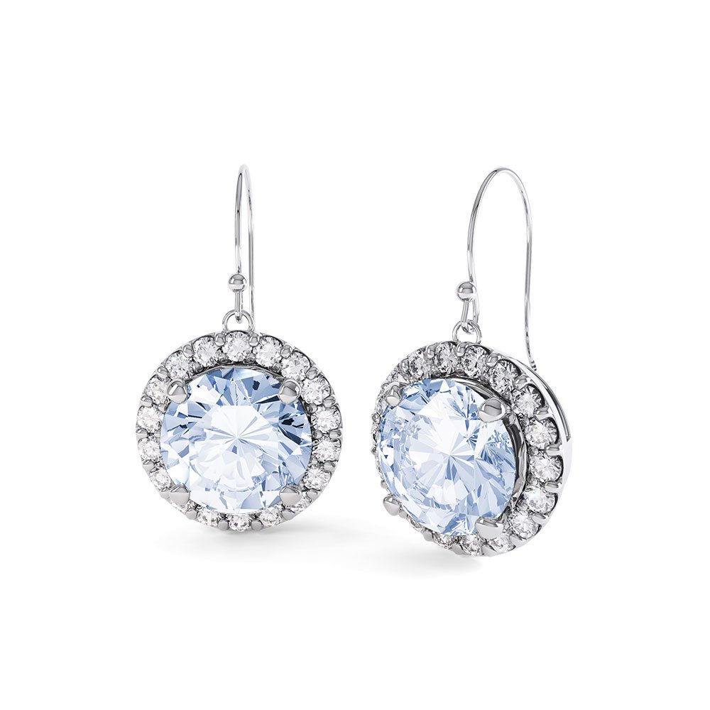 Halo Aquamarine and Diamond 18K White Gold Drop Earrings