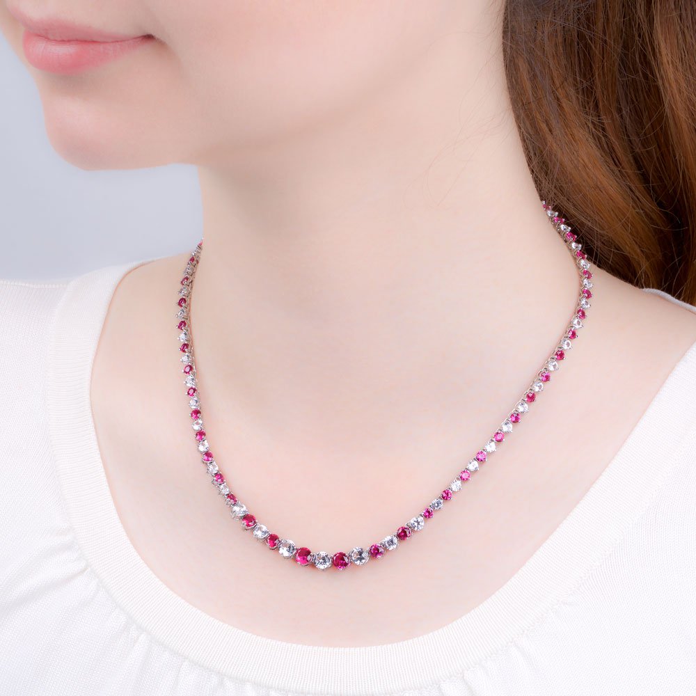 Eternity Ruby CZ Rhodium plated Silver Tennis Necklace #3