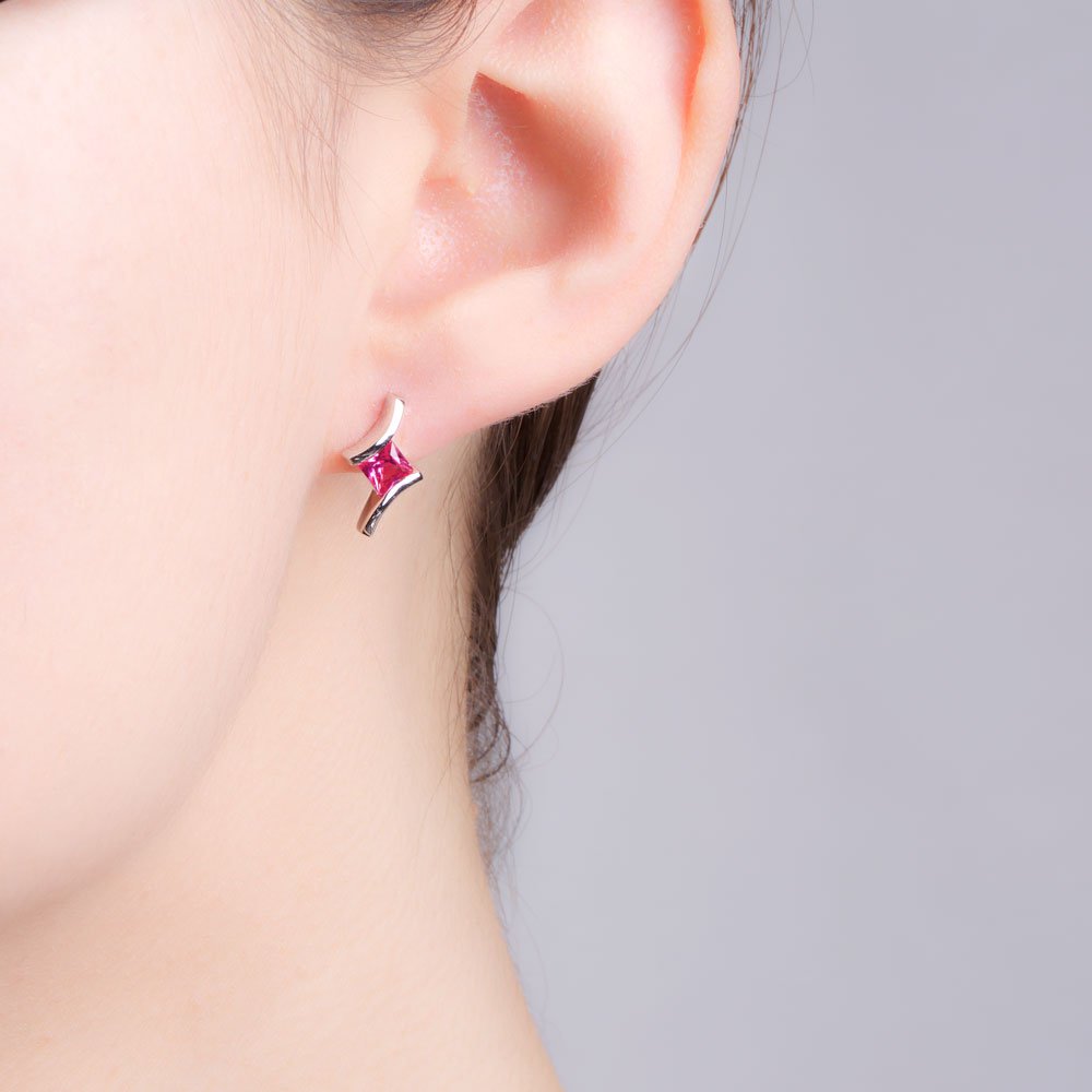 Combinations Ruby Square Rhodium plated Silver Earrings #2