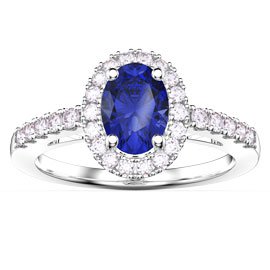 Eternity Sapphire Oval Moissanite Halo 18K White Gold Engagement Ring