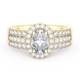 Eternity White Sapphire Oval Halo 10K Yellow Gold Engagement Ring Set 2D