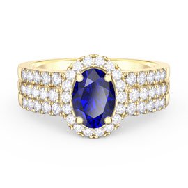 Eternity Oval Sapphire Halo and Half Eternity 10K Yellow Gold Proposal Ring Set