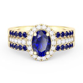 Eternity Sapphire Oval Halo 10K Yellow Gold Engagement Ring Set 2S