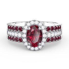 Eternity Ruby Oval Halo 10K White Gold Engagement Ring Set 2R
