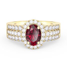Eternity Ruby Oval Halo 10K Yellow Gold Engagement Ring Set 2D
