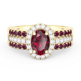 Eternity Ruby Oval Halo 18K Yellow Gold Engagement Ring Set 2R