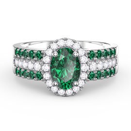 Eternity Emerald Oval Halo 18K White Gold Engagement Ring Set 2E