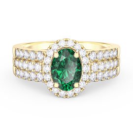 Eternity Emerald Oval Halo 10K Yellow Gold Engagement Ring Set 2D