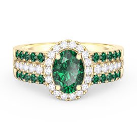 Eternity Emerald Oval Halo 18K Yellow Gold Engagement Ring Set 2E