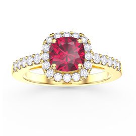 Princess Ruby Cushion Cut Diamond Halo 18K Yellow Gold Engagement Ring