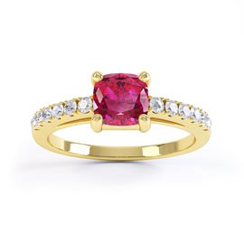 Unity Ruby Cushion and Diamond Pave 18K Yellow Gold Engagement Ring