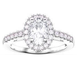 Eternity Moissanite Oval Halo Platinum plated Silver Promise Ring