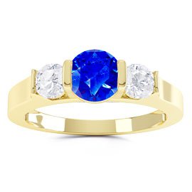Unity Three Stone Sapphire and Moissanite 10K Yellow Gold Proposal Ring