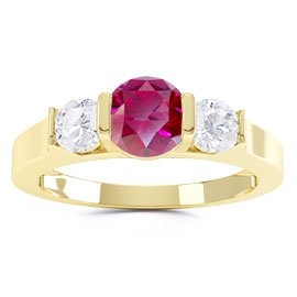 Unity Three Stone Ruby and Moissanite 18K Yellow Gold Engagement Ring