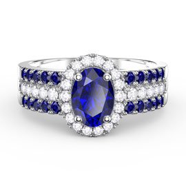 Eternity Oval Sapphire Halo and Half Sapphire Eternity Platinum plated Silver Promise Ring Set