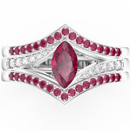 Unity Marquise Ruby Platinum plated Silver Promise Ring Set