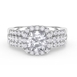 Princess Cushion White Sapphire Halo and Half Eternity Platinum plated Silver Promise Ring Set