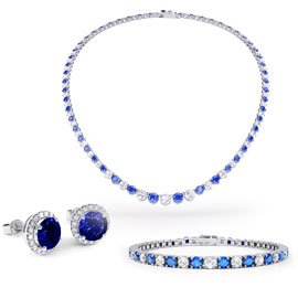 Eternity Sapphire and Moissanite Platinum plated Silver Jewellery Set with Necklace